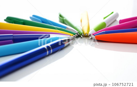 Multi colored ball pens on white background 106752721