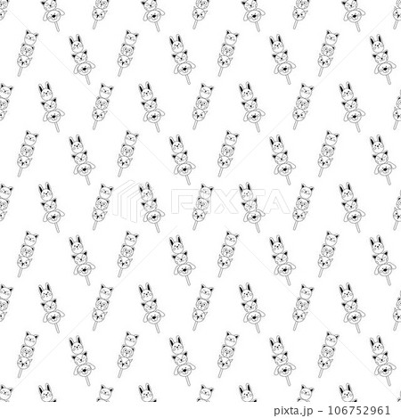 Dango pattern15. Cute seamless pattern with japanese sweet in the form of animal faces. Doodle black and white cartoon illustration. 106752961