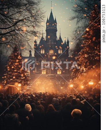 A crowd of people are standing in front of a castle, AI A crowd of people are standing in front of a castle, AI 106753113