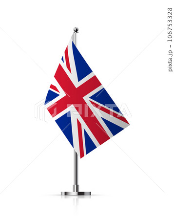 Britain flag on pole vector illustration. 3D realistic British national symbol on mini vertical stand, UK flagpole with stick for contest and office conference, isolated flagstaff billboard 106753328