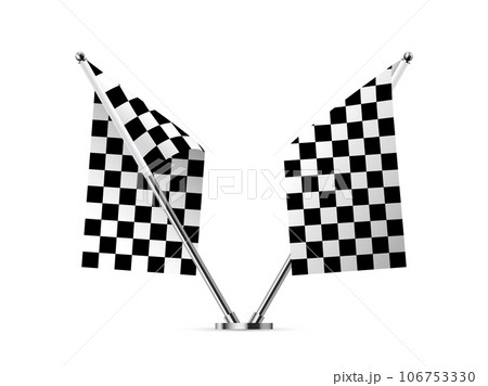 Black and white crossed race flags, 3D checkered flags on metal pole for start and finish 106753330