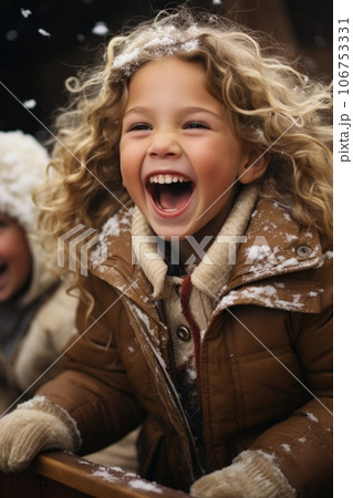 Two children laughing in the snow, AI 106753331