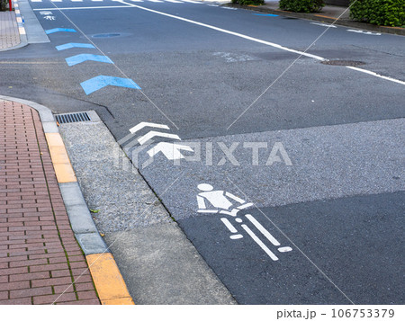 車道の左端に設置された自転車ナビマーク（白色）と自転車ナビライン（青色） 106753379