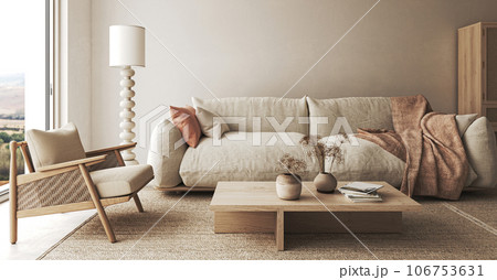 Boho beige livingroom with dry plant and mountain view background. Light modern japanese nature interior. 3d rendering. High quality 3d illustration 106753631