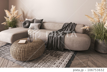 Boho beige livingroom with dry palm plant and wicker table view background. Light modern japanese nature interior. 3d rendering. High quality 3d illustration 106753632