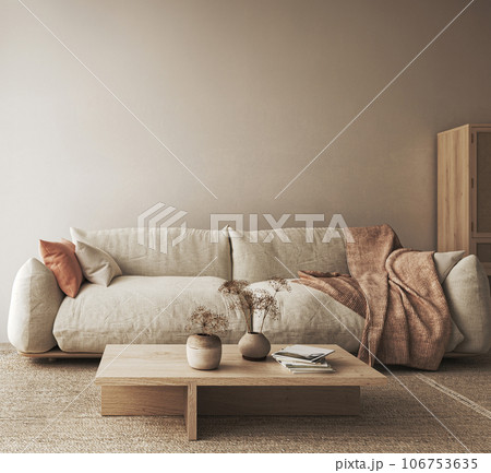 Boho beige livingroom with dry plant in vase background. Light modern japanese nature interior. 3d rendering. High quality 3d illustration 106753635