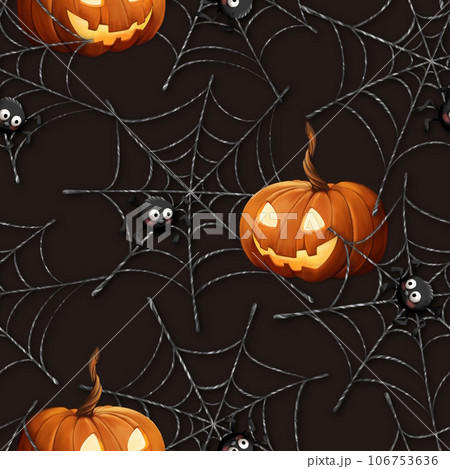 Spider webs and pumpkins. Seamless pattern with cartoon spider. Halloween background. 106753636