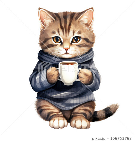 cat with hot coffee, milk in winter season 106753768