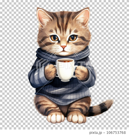 cat with hot coffee, milk in winter season 106753768