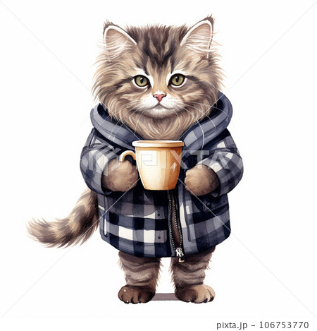 cat with hot coffee, milk in winter season 106753770