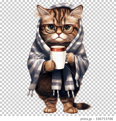 cat with hot coffee, milk in winter season 106753786