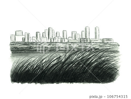 河川敷から望む都会の街並み 鉛筆で描いたイラストのイラスト素材
