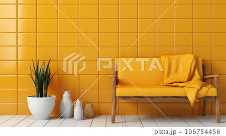 Yellow chair and potted plant in front of a wall with tiled floor, AI 106754456