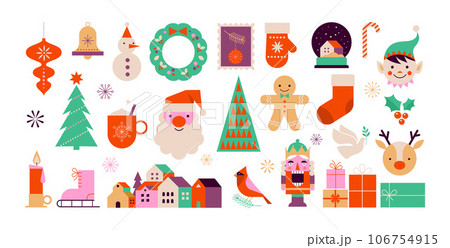 Merry Christmas cute modern minimalist style elements, illustrations collection. Santa, Christmas 106754915