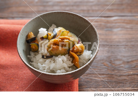 ご飯に乗せた茄子のからし和え 106755034