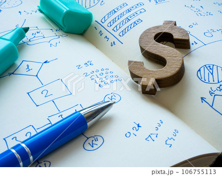 Business notes and charts in a notepad and dollar sign as a symbol of financial success. 106755113
