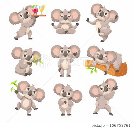 Cute Koala Character with Large Ears and Nose Engaged in Different Activity Vector Set 106755761