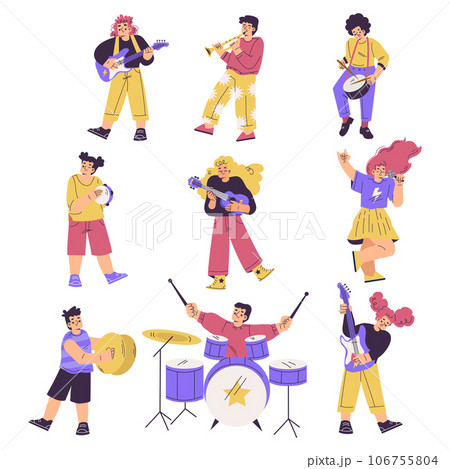 Kids in Rock Band Playing Musical Instrument and Singing Vector Set 106755804