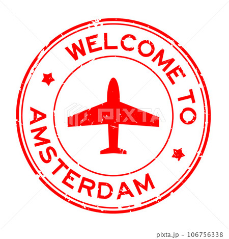 Grunge red welcome to amsterdam with airplane icon round rubber seal stamp on white background Grunge red welcome to amsterdam with airplane icon round rubber seal stamp on white background 106756338