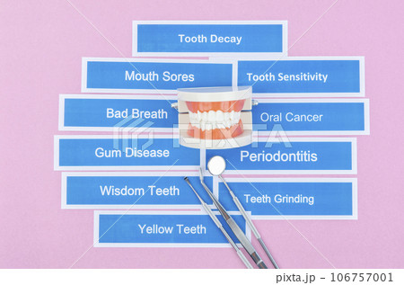 The Dentures model with dental disease on pink color background. 106757001