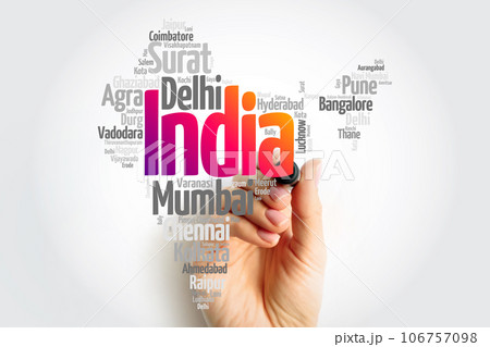 List of cities in India, map silhouette word cloud, business and travel concept background 106757098