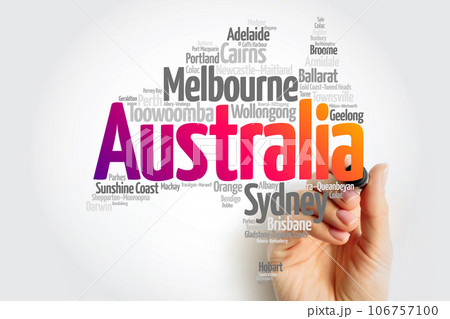 List of cities and towns in Australia, map word cloud, business and travel concept background 106757100