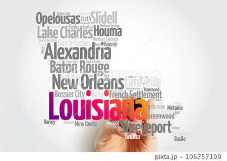 List of cities and municipalities in Louisiana USA state, map silhouette word cloud map concept List of cities and municipalities in Louisiana USA state, map silhouette word cloud map concept 106757109