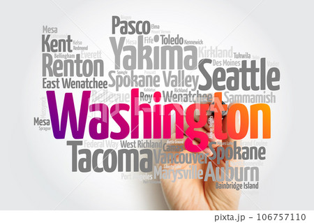 List of cities in Washington USA state, map silhouette word cloud map concept 106757110