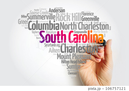 List of cities in South Carolina USA state, map silhouette word cloud, map concept background List of cities in South Carolina USA state, map silhouette word cloud, map concept background 106757121