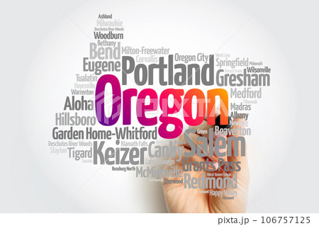 List of cities in Oregon USA state, map silhouette word cloud, map concept background List of cities in Oregon USA state, map silhouette word cloud, map concept background 106757125