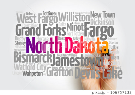 List of cities in North Dakota USA state, map silhouette word cloud, map concept background List of cities in North Dakota USA state, map silhouette word cloud, map concept background 106757132