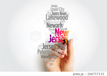 List of cities in New Jersey USA state, map silhouette word cloud, map concept background 106757133