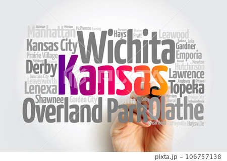 List of cities in Kansas USA state, map silhouette word cloud, map concept background 106757138