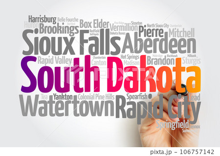 List of cities in South Dakota USA state, map silhouette word cloud map concept background List of cities in South Dakota USA state, map silhouette word cloud map concept background 106757142