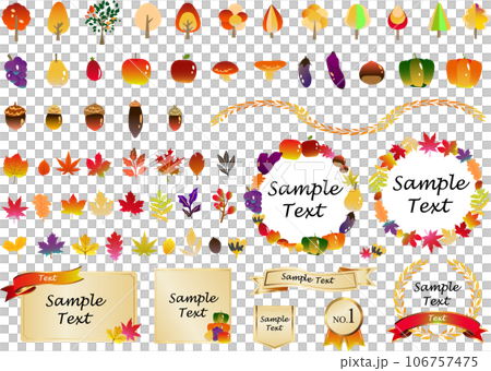 Illustration set of autumn material icons, frames, cards and ribbons Illustration set of autumn material icons, frames, cards and ribbons 106757475