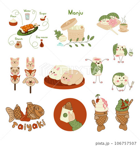 Big set with sweet Asian food. Flat cartoon vector illustration. Big set with sweet Asian food. Flat cartoon vector illustration. 106757507