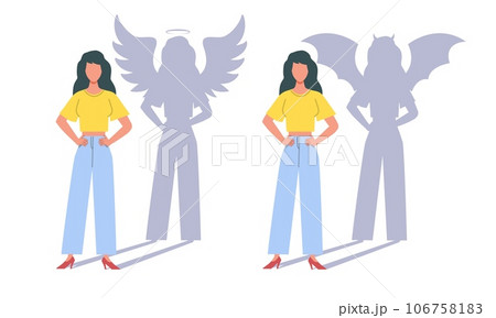 Woman with shadow of an angel and of devil. Female character heaven and hell symbol. Religion and ethnic morality. Girl with wings. Good and bad sign. Cartoon flat style vector concept Woman with shadow of an angel and of devil. Female character heaven and hell symbol. Religion and ethnic morality. Girl with wings. Good and bad sign. Cartoon flat style vector concept 106758183