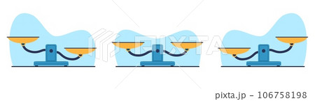 Set of scales with different bowl positions. Libra symbol, balance sign. Measuring device with empty plates. Comparison and decision. Cartoon flat style isolated illustration. Vector concept 106758198