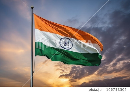 Indian flag waving on blue sky background Indian flag waving on blue sky background 106758305