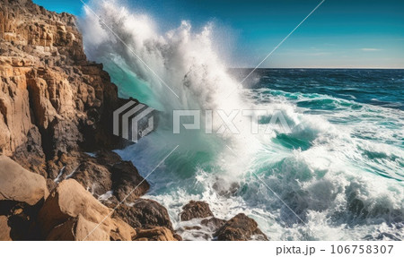 Big sea waves crash against a rocky cliff 106758307