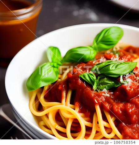 Spaghetti bolognese, spaghetti pasta with tomato sauce, cheese parmesan and basil 106758354