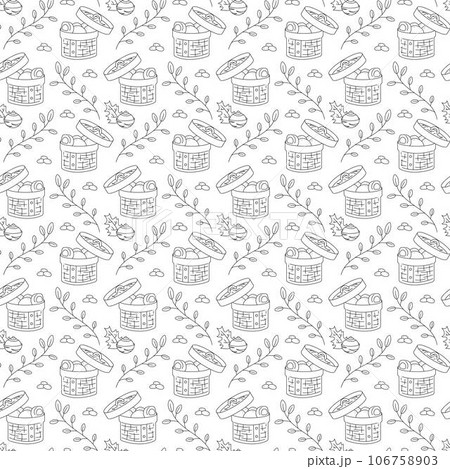 Manju pattern7. Seamless pattern with freshly cooked Japanese manju patties. Doodle black and white cartoon vector illustration. 106758903