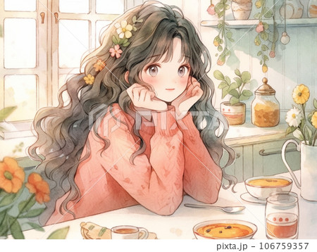 カフェでお茶を飲む女性 106759357