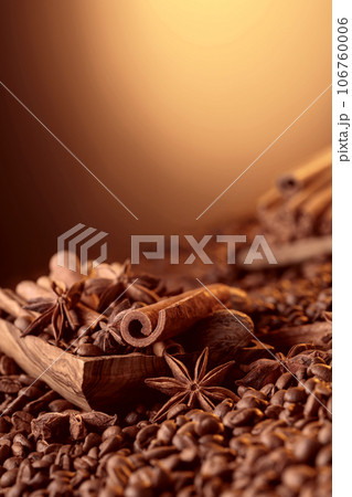 Roasted coffee beans with cinnamon sticks, anise, and nutmeg. Roasted coffee beans with cinnamon sticks, anise, and nutmeg. 106760006