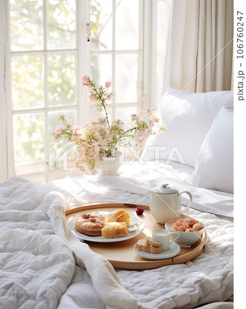 Beautiful cozy breakfast in bed, home bedroom interior with bright morning light, healthy food on decorated tray, weekend meal Beautiful cozy breakfast in bed, home bedroom interior with bright morning light, healthy food on decorated tray, weekend meal 106760247