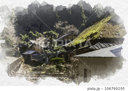 水彩画風　智頭宿　板井原集落　鳥取県八頭郡智頭町 106760295