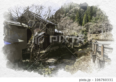 水彩画風　智頭宿　板井原集落　鳥取県八頭郡智頭町 106760331