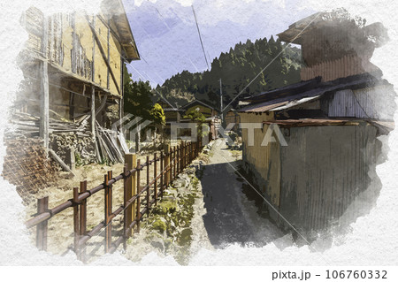 水彩画風　智頭宿　板井原集落　鳥取県八頭郡智頭町 106760332