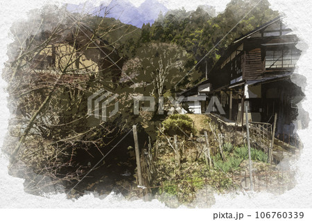 水彩画風　智頭宿　板井原集落　鳥取県八頭郡智頭町 106760339