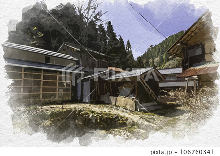 水彩画風　智頭宿　板井原集落　鳥取県八頭郡智頭町 106760341